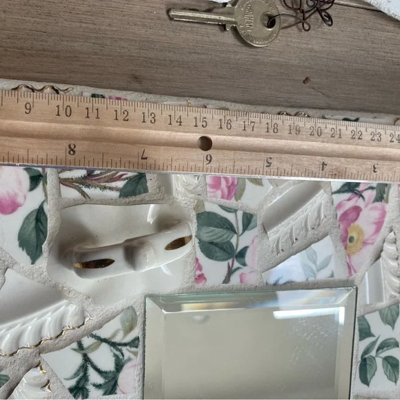 Mirror & 3 Heart Key holders Mosaic China wall art Handmade Victorian Cottage